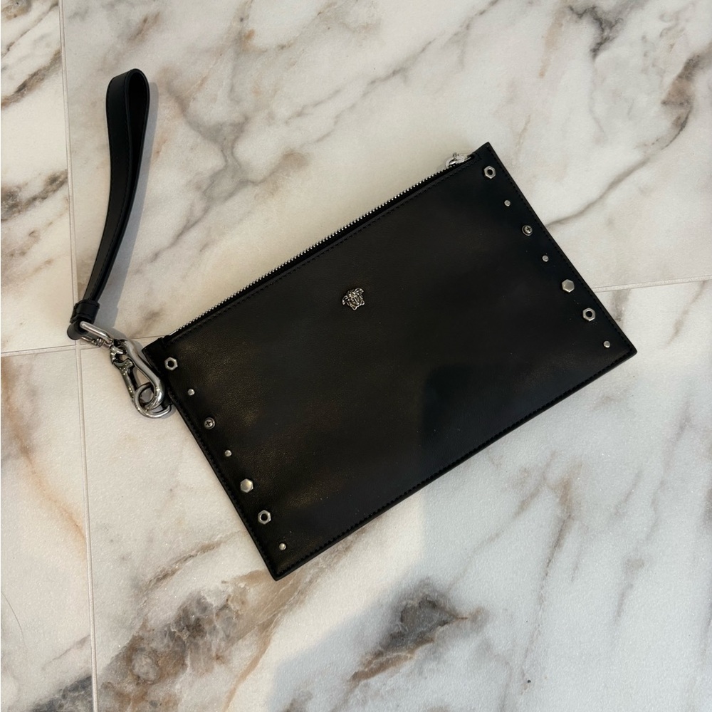 Versace Black Leather Clutch with Silver Accents 🖤